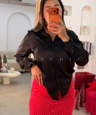 Camisa Satinada De Botones Negra
