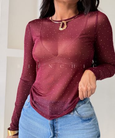 Top Mesh con Mangas de Brillo Vinotinto